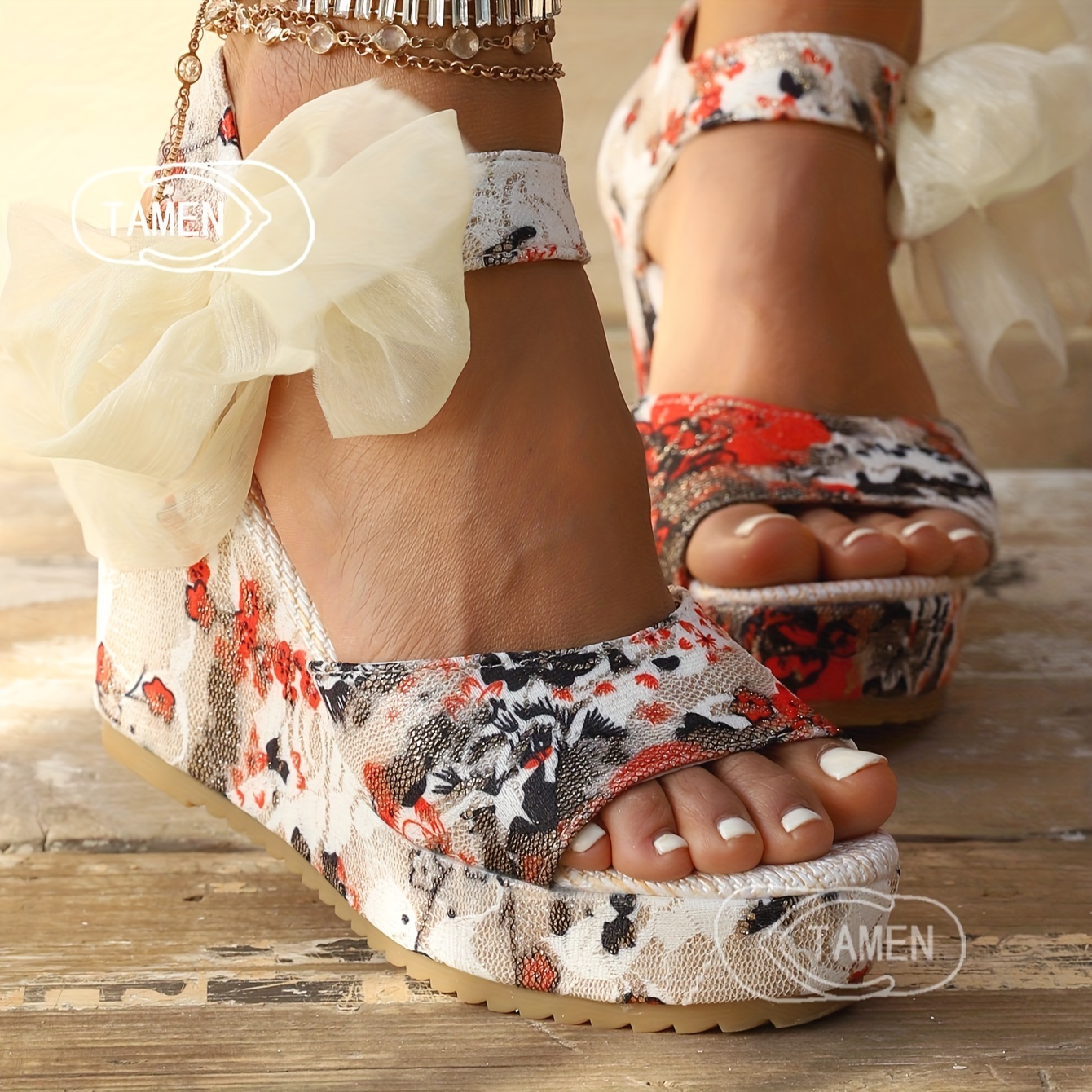 

Women's Flower Pattern Wedge Heeled Sandals, Casual Open Toe Platform Shoes, Comfortable Ankle Strap Sandals