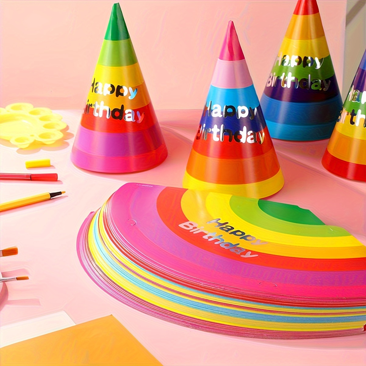 

Pack Of 10 Rainbow Party Hats, Disposable Paper Cone Hats For Birthday Celebrations, Vibrant Multi-, Unisex Party Supplies, No Required