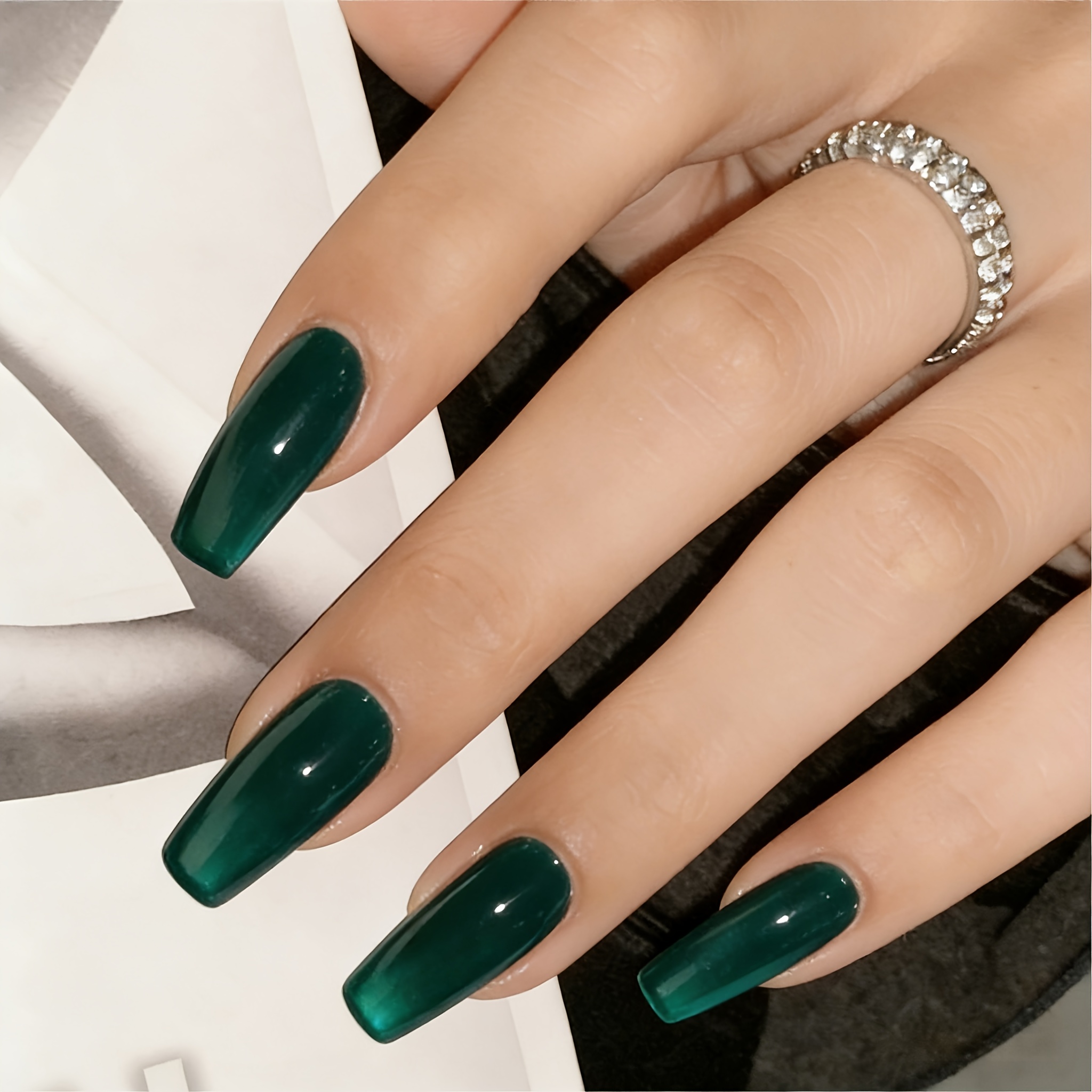 TEMU 24pcs Medium Coffin Press-on Fake Nails, Peacock Green Cat Eye, Emerald Cat Eye, 24pcs, 12 Sizes, For Women