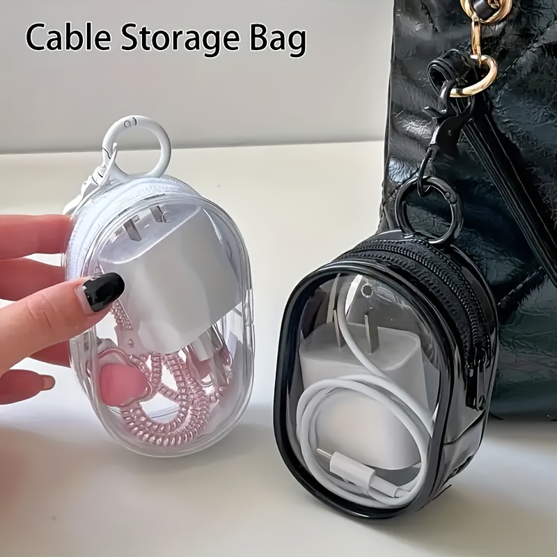 

Portable Mini Transparent Zipper Storage Bag, Compact Multi-function Organizer, Headphone And Charger Case With Keychain Ring, Headpiece Storage, Transparent Travel Accessories