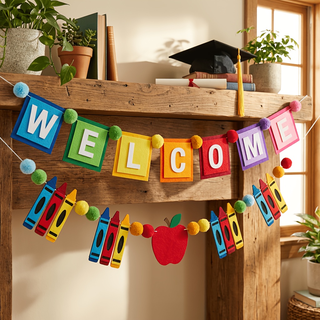 TEMU Unassembled Welcome Banners, Rainbow Felt Letter Crayon Garland, Classroom Welcome Hanging Decor