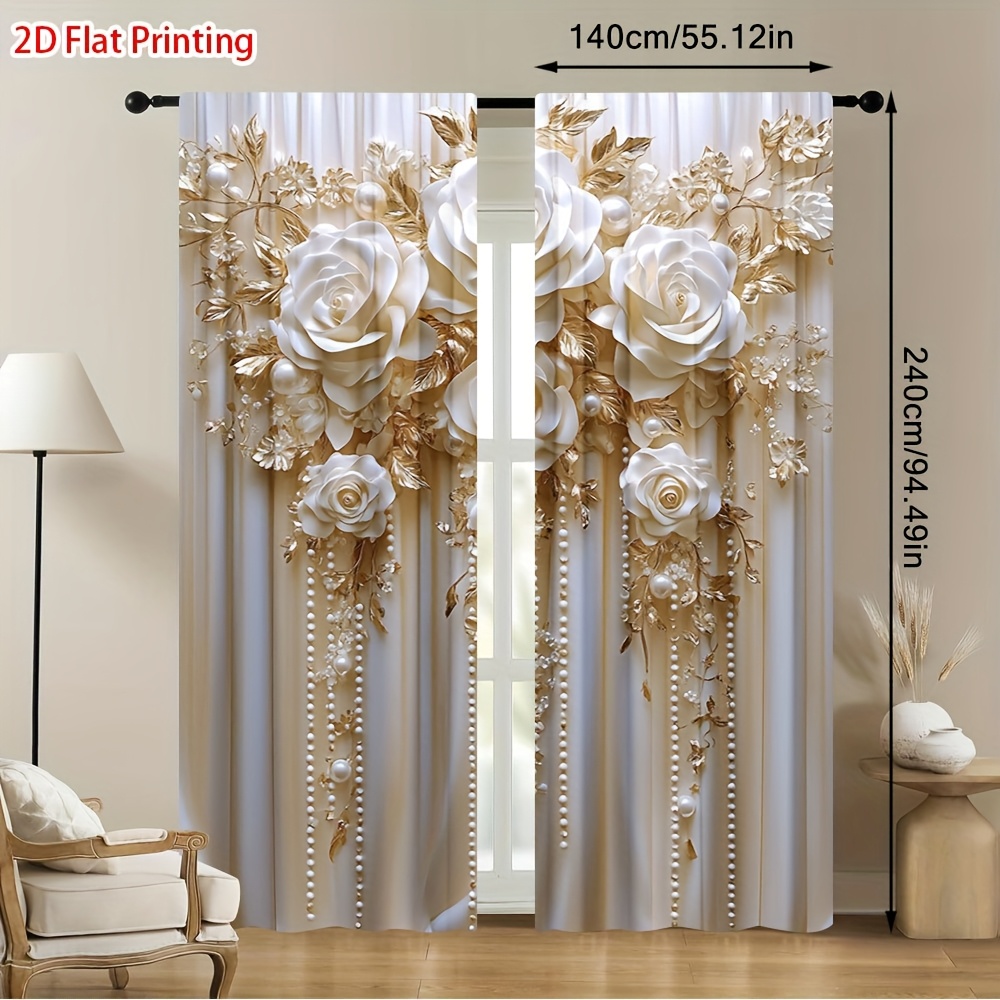 TEMU 2d Flat - 2d Flat - 2pcs 2d Flat Printing Elegant Floral Curtain Semi-blackout Curtains Rod - Room Decoration, Ideal For Office, Bedroom, Living