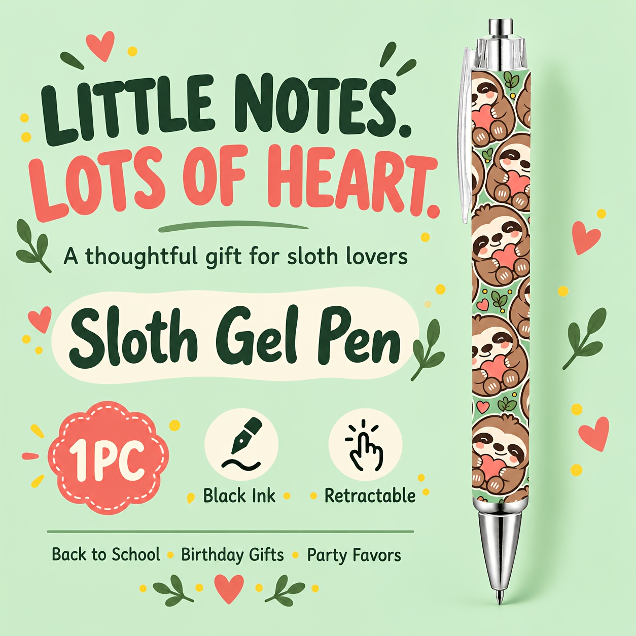 TEMU 1pc Sloth Gel Pen, Black Ink, Mint Green , Back-to-school Stationery, Birthday Gift & Party Favor