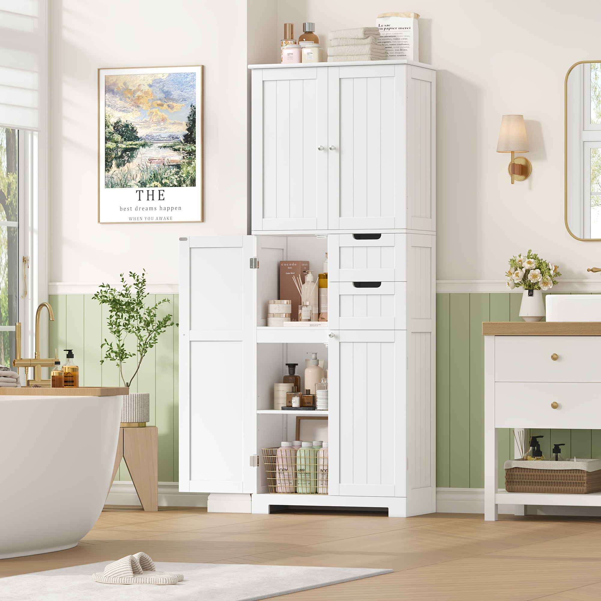 Image of Kealive Tall Bathroom Cabinet, Tall Kitchen Cabinet With And 2 Drawers, Storage Cabinet For Living Room, Kitchen, Dining Room, Office