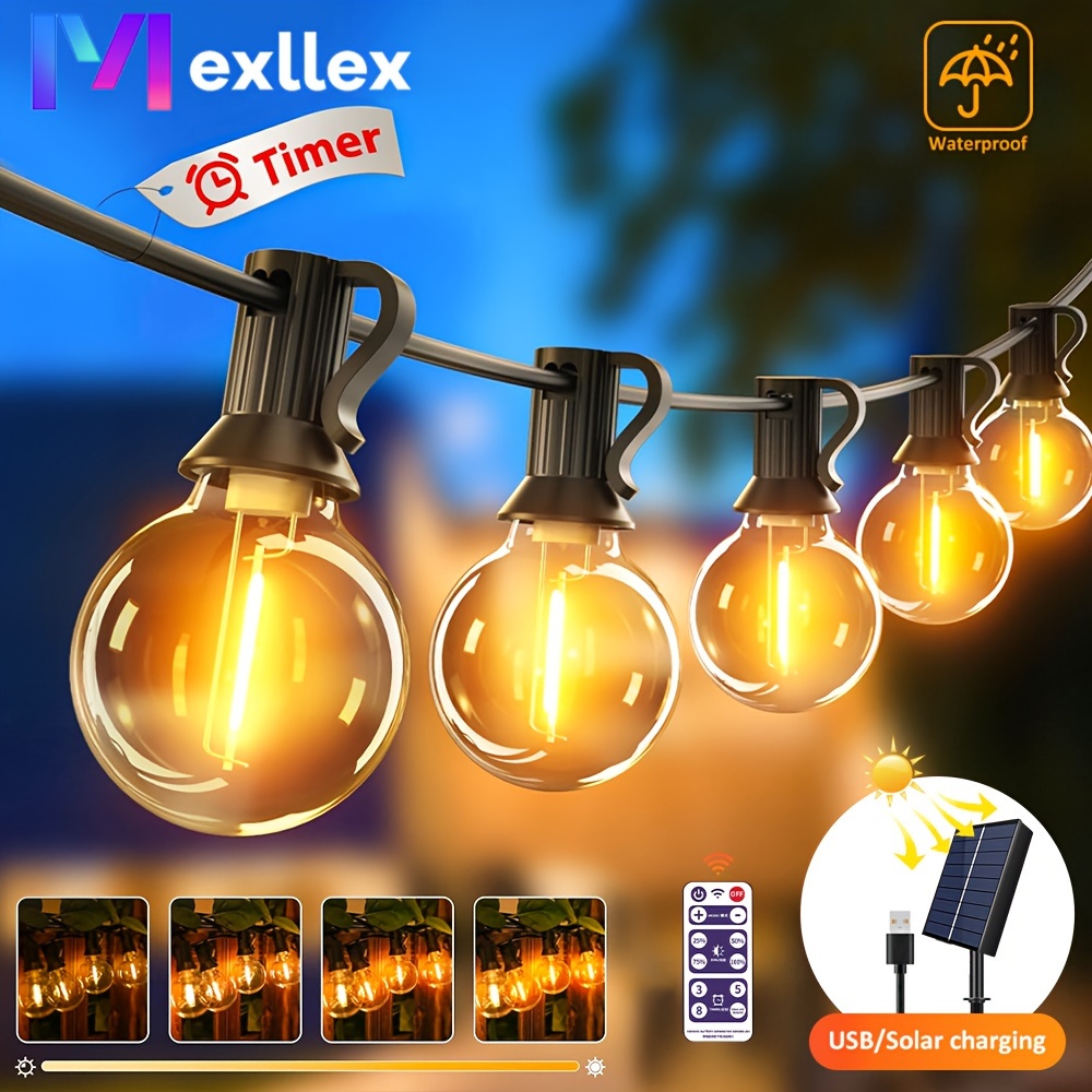 

Mexllex 1pc G40 Solar String Usb Patio Led Lights With Remote Control, 8 Light , Warm White Wshatterproof Bulbs, Pub Party Decoration