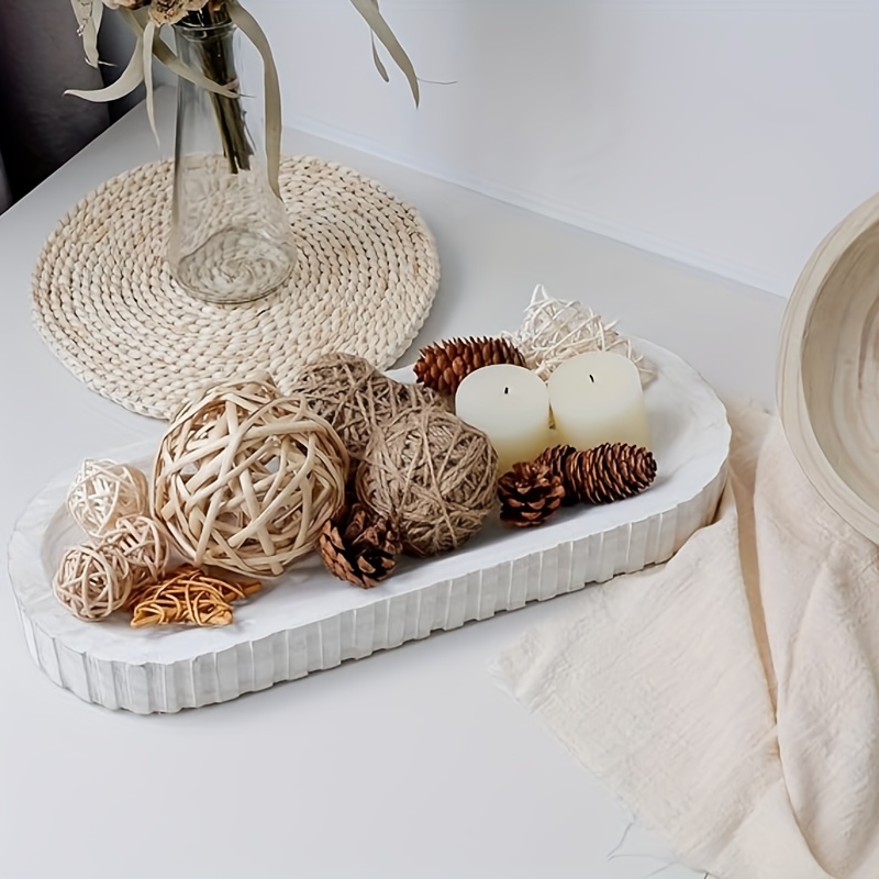 

1pc Wooden Decorative Bowl With Hand Carved Stripes, Table Centerpiece Wood Bowl, Rustic White Washed Key Bowl For Home Living Room Farmhouse Boho Decor