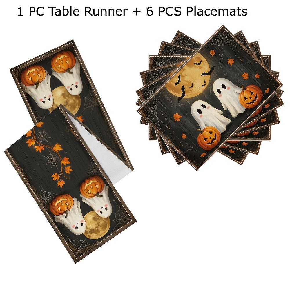 TEMU 5/7pcs Whimsical Twin And Jack-o'-lanterns Set Placemat Set Ideal For Fall, Autumn, And Halloween Seasonal Celebrations, Family Gatherings, And