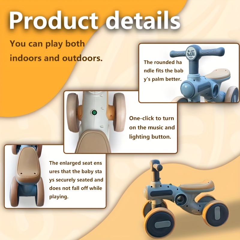 portable baby walker kids   balance bike with fun lights music and comfortable seat   balance bike indoor outdoor use     holiday gifts childrens birthday gift halloween easter gift Product details 2