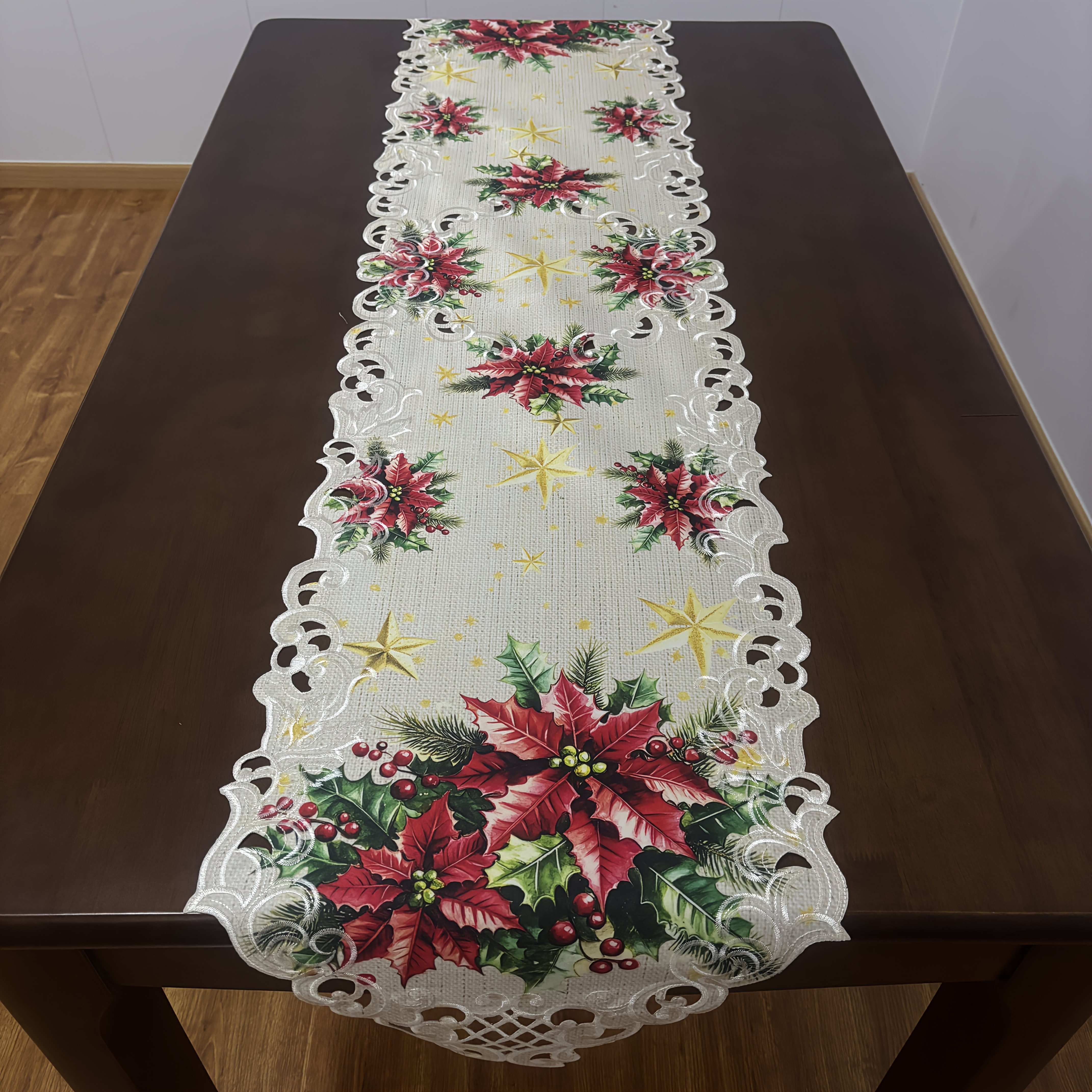 TEMU Christmas Table Decoration Table Flag Hollow Embroidery Print Christmas Flower Autumn Decoration Kitchen Table Seasonal Holiday Decoration