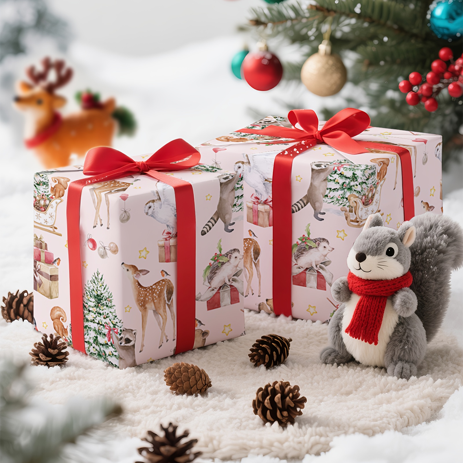 E-shop 1 Rolle Weihnachtsgeschenkpapier | Pastell-Aquarellgemälde mit Weihnachtstieren, Weihnachtsbäumen, Geschenken Sternen-Muster. Geeignet für