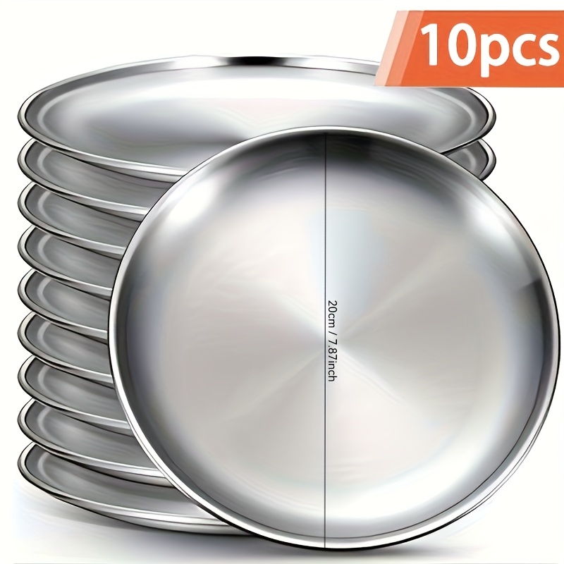 10pcs Stainless Steel Salad Plates, Sizes , Appetizer Tray, Kitchen Plate, Camping Dinnerware, Bbq Buffet Serving Dish, 7.87 Inch, Silvery, Christmas Halloween Thanksgiving Party Optional