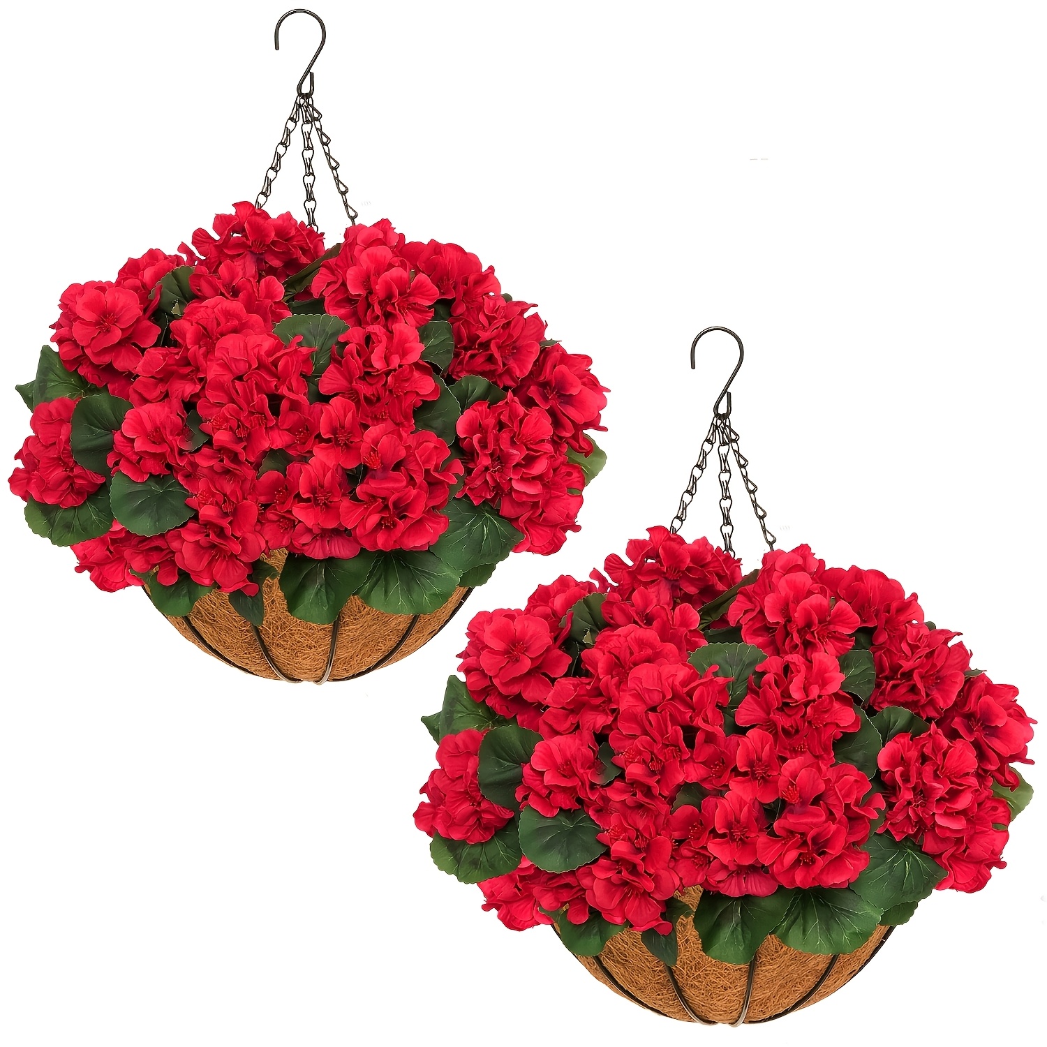 2 Sets Artificial Red Geranium Flowers with Hanging Baskets and Planters, 12pcs Each for Garden and Home Decor
