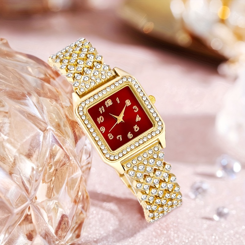 

Golden Square Rhinestone Quartz Watch Zinc Alloy Strap Zinc Alloy Pointer Zinc Alloy Case Red Dial, Ideal Gift For Friends And Family