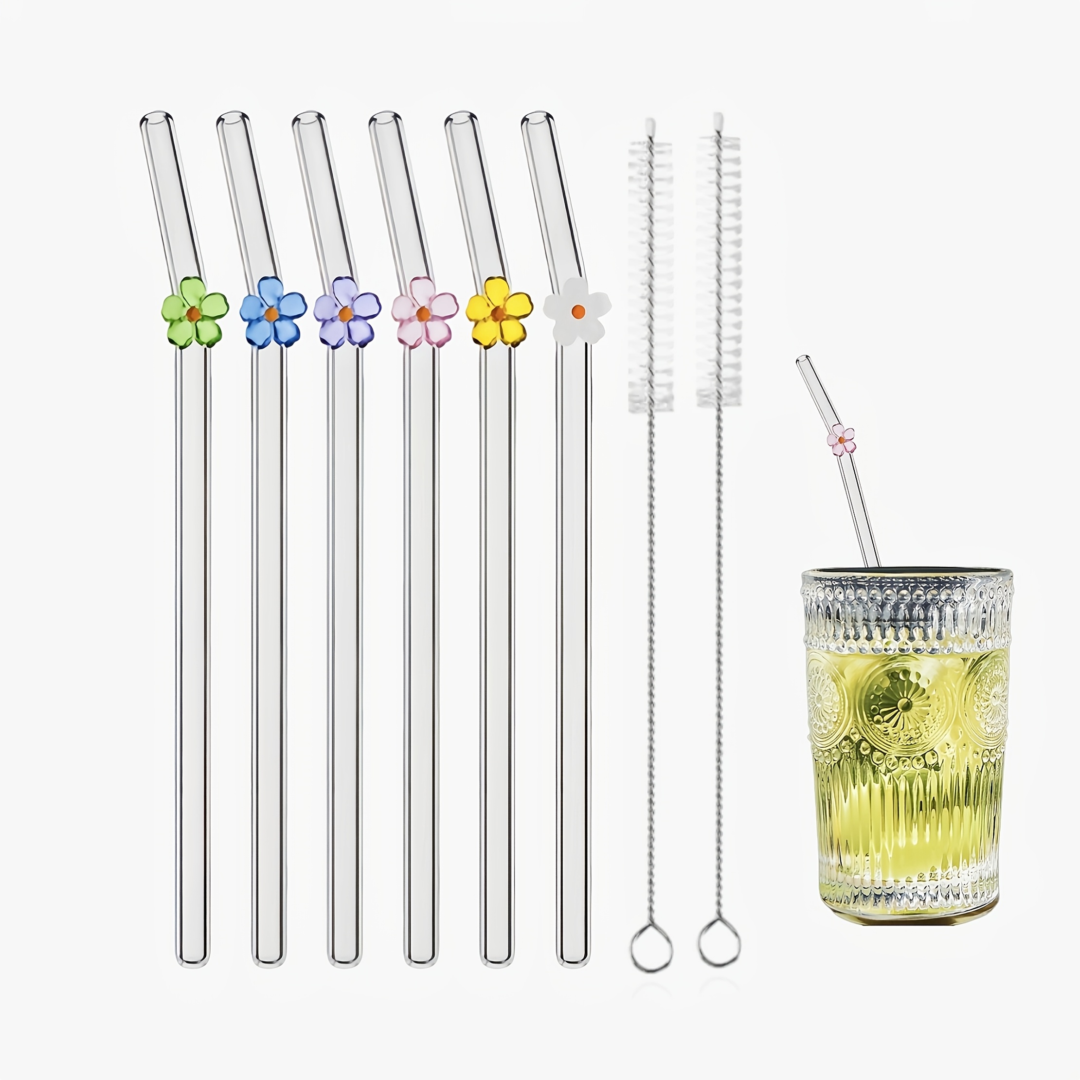 E-shop 8-5 Niedliches Blumenmuster Glasstrohhalm-Set | Bruchsicher & Spülmaschinengeeignet | Rosa Gold/Blau/Grün/Türkis | Inklusive Reinigungsbürste |