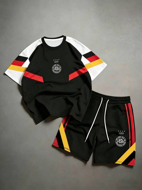 mens retro athletic suit fusing post style unisex round neck short sleeve shorts contrast color casual athletic two piece set couple loose style summer outfit