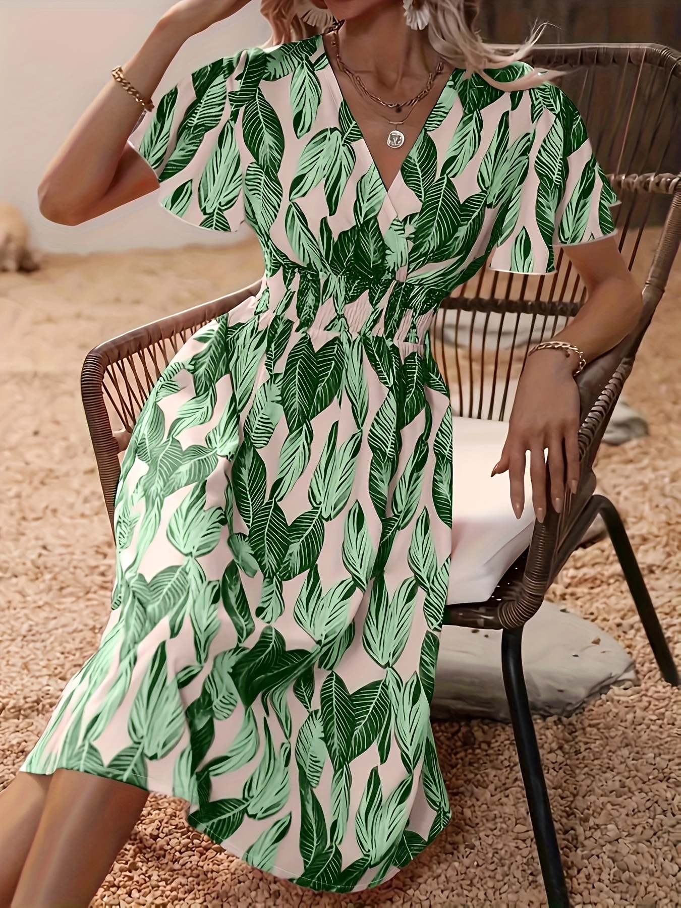slim fit dress slacks Green Palm Leaf Print Maxi Dress - Vacation Dresses