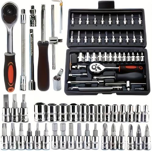 multi functional car repair tool kit black 46 black 216 with plastic storage box including hex wrench 1 2 3 deep and standard ratchet socket screwdriver and extension rod suitable for