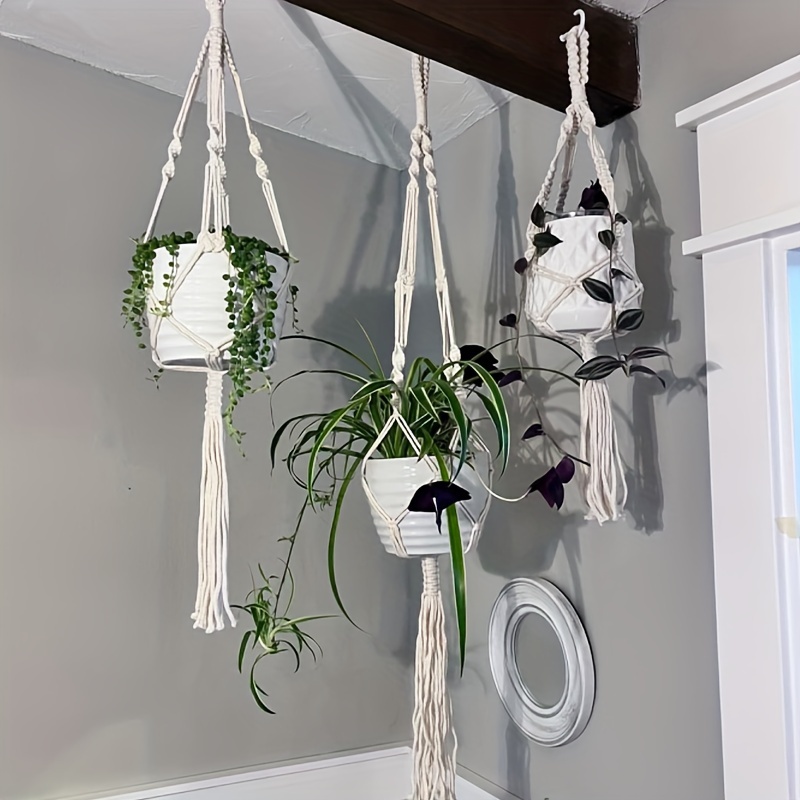 3 Different Sizes Indoor Hanging Planters Basket Decorative Flower Pots Holder Stand Boho Home Decor, Ivory Macrame Plant Hangers