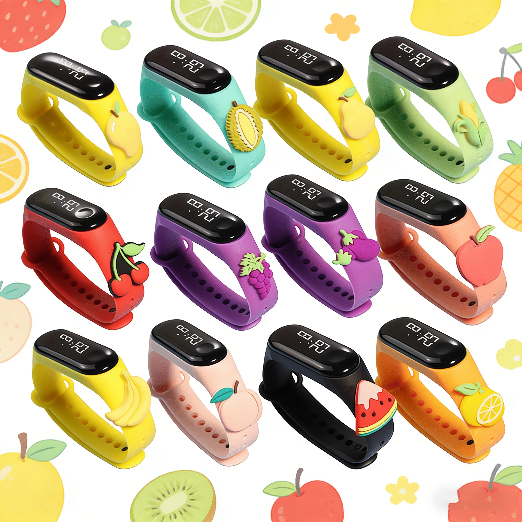 Image of 12pcs Cute Cartoon Fruit And Vegetable Series Watches - Vibrant Digital Wristbands, Durable Tpu Straps, Battery Powered - Perfect Gift