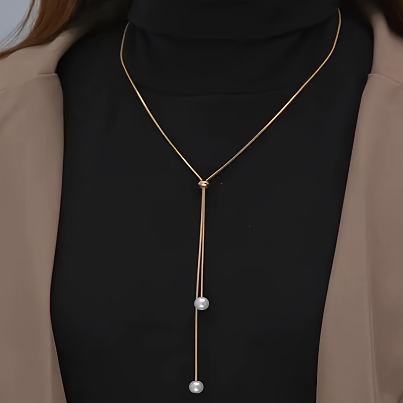 TEMU Collar de perlas largo ajustable, joyería de aleación, estilo bohemio elegante para mujer, cadena para suéter de invierno