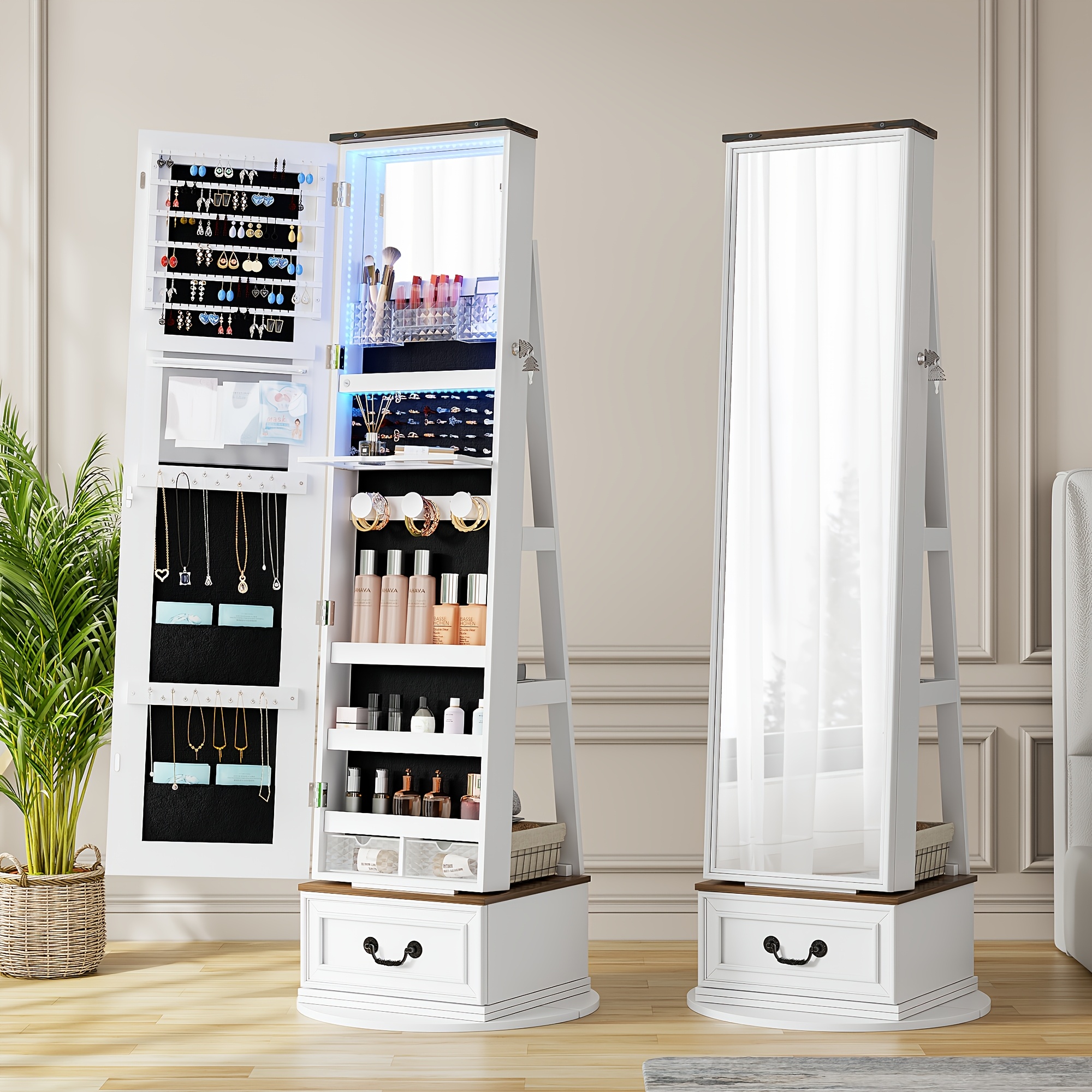 Lockable Vintage-Inspired 360° Swivel Jewelry Mirror Cabinet with Lights - Full Length Organizer with Storage Drawer for Bedroom Decor