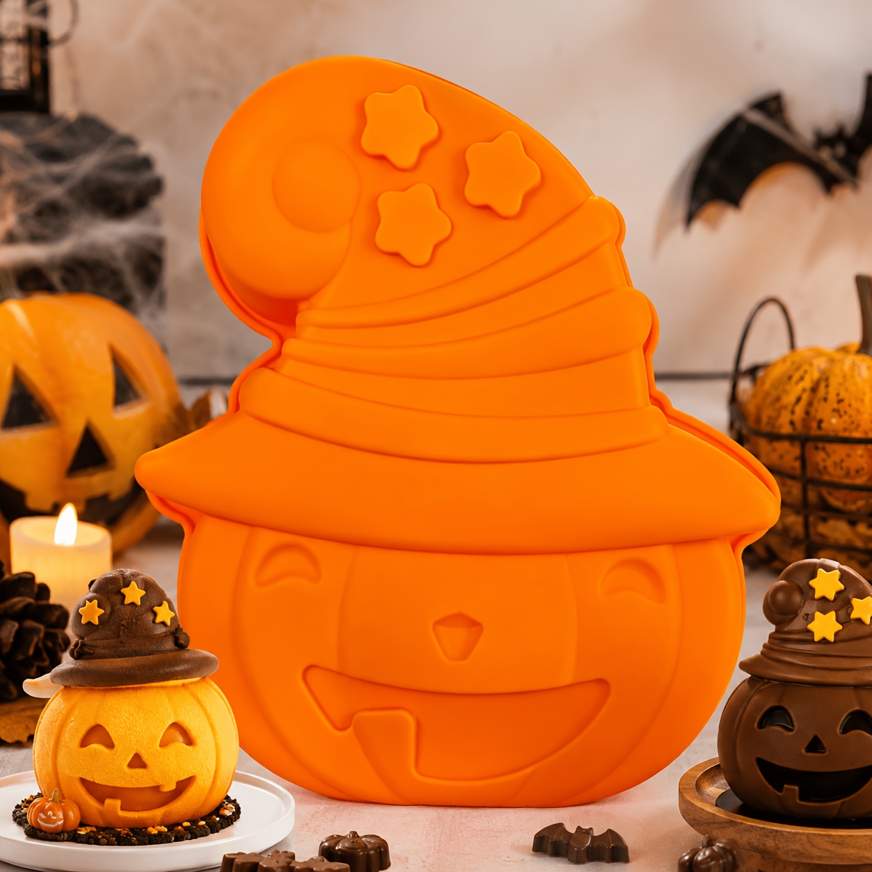 TEMU Moule à gâteau en silicone citrouille avec chapeau de , pour mousseline au chocolat sur le thème d'Halloween, moule à gâteau, cube de gelée à