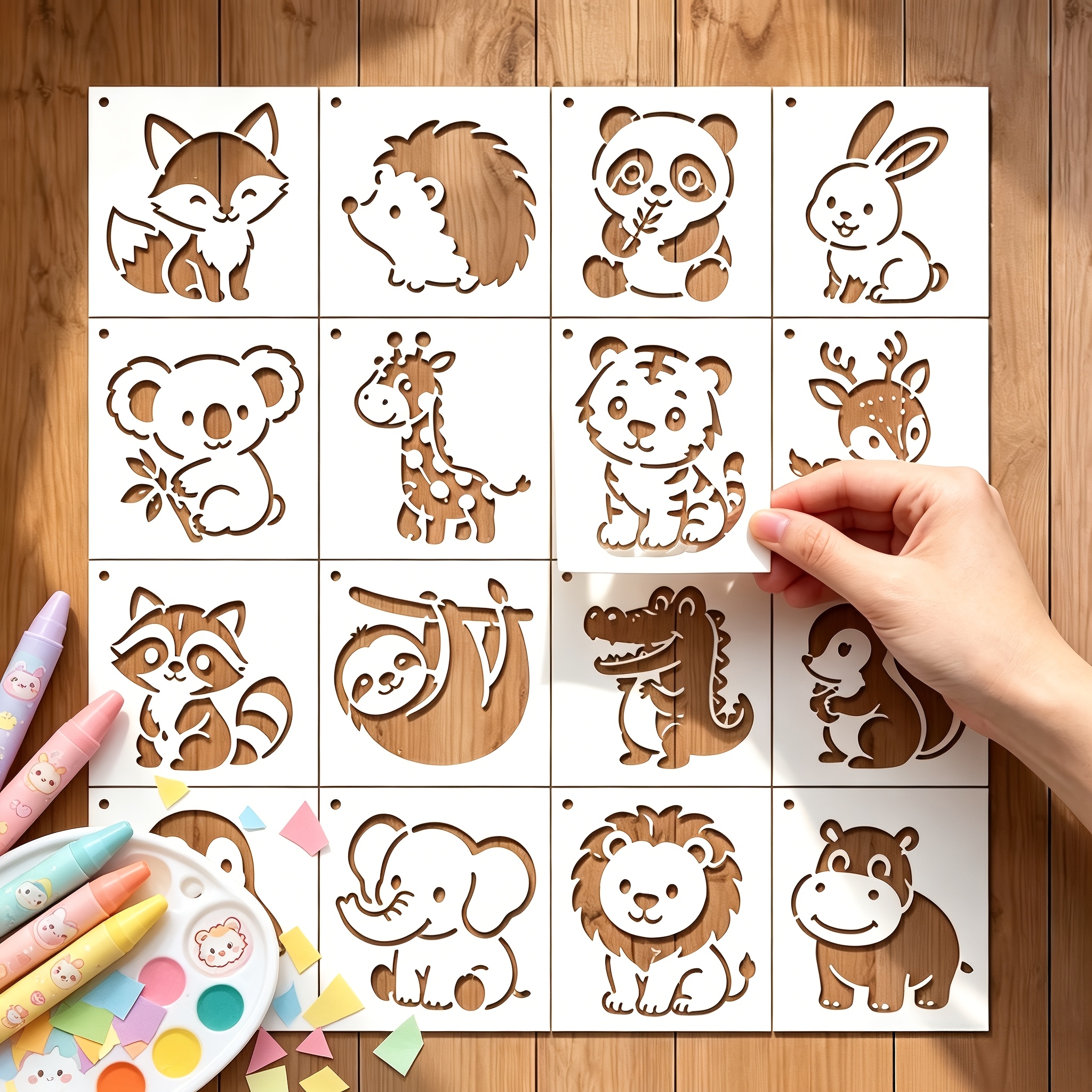 TEMU 16 stuks Schattige Dieren Sjablonen - Herbruikbare PET Kunst Schilderij Stencils met Vos, Egel, Panda, Konijn, Koala, Giraffe, Leeuw, Olifant,