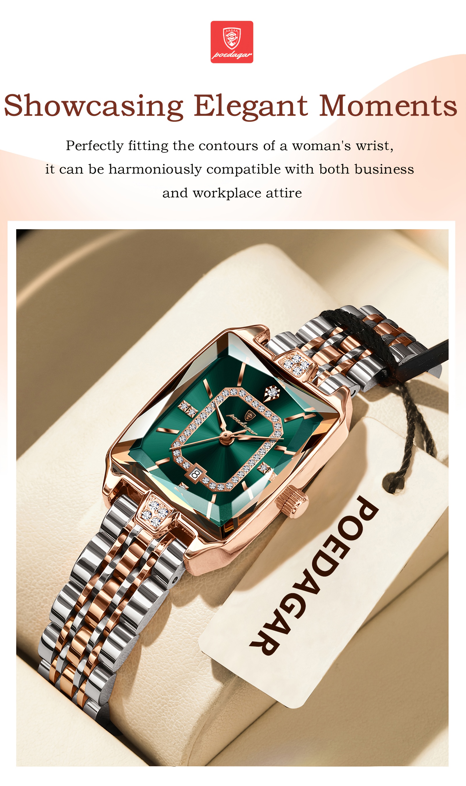 Elegant Waterproof Stainless Steel Square Quartz Ladies Watch with Calendar