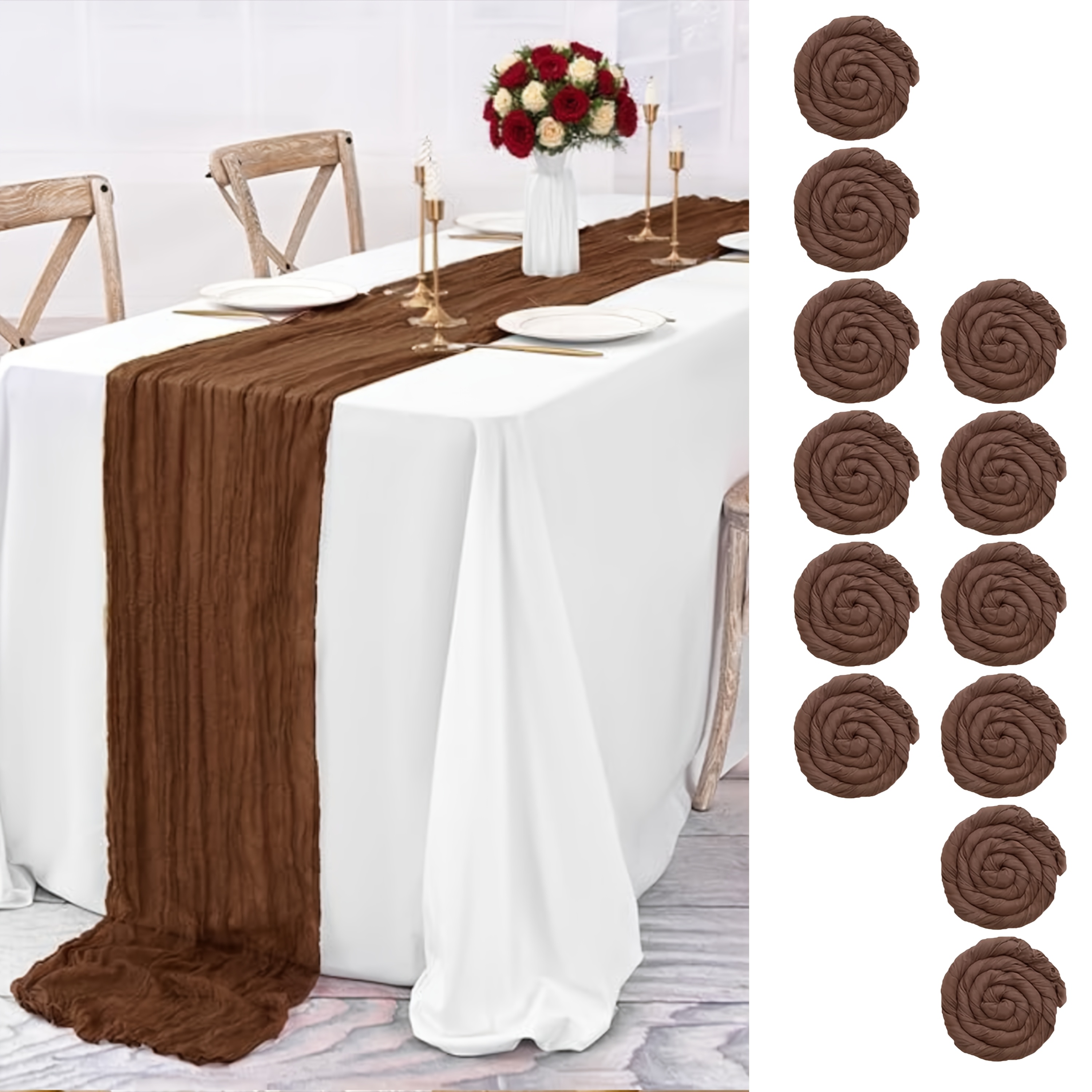 TEMU 12pcs Cheesecloth Table Runners 10ft, 21.5"" Cheesecloth, Gauze Tablecloth, Boho Table Decoration, Solid Color Table For Wedding Party, Bridal