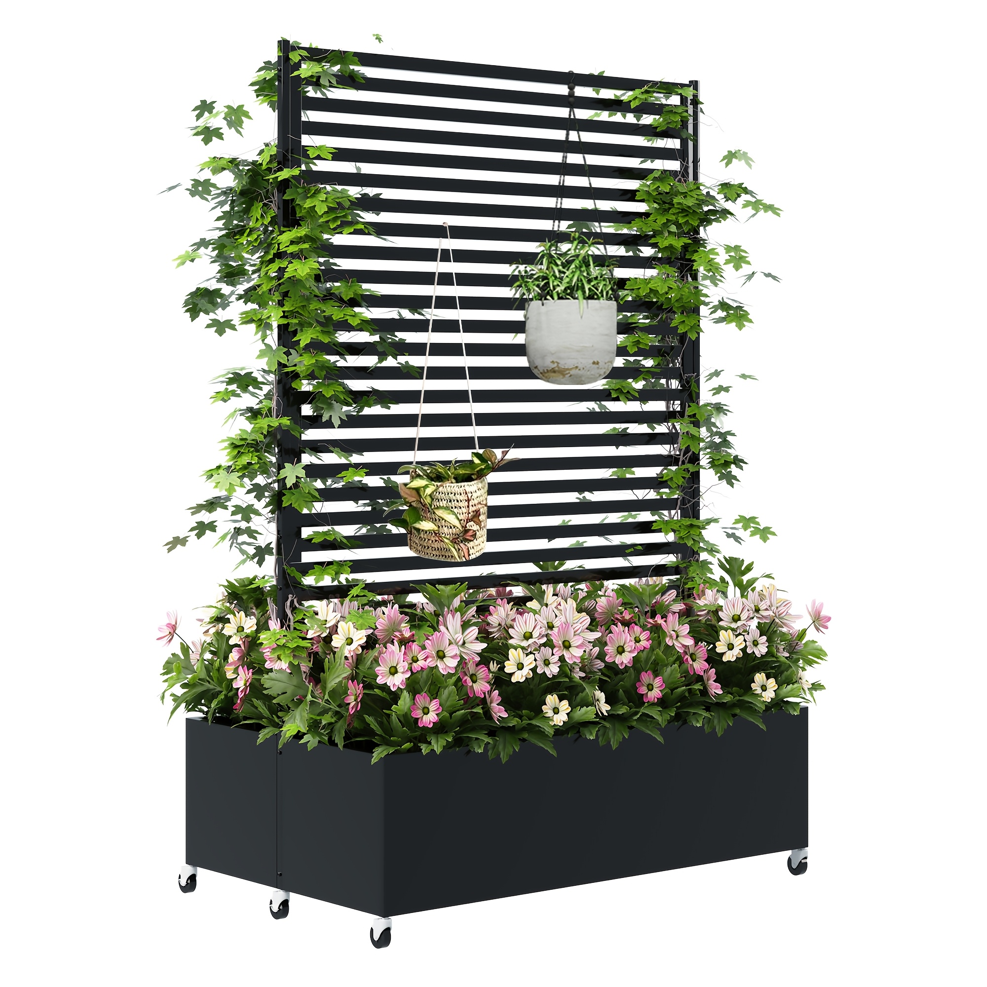 TEMU Metalen Plantenbak met Klimrek, 2-in-1 Rollende Plantenbak met Privacy Scherm en Afsluitbare Wielen, 80 Gallon Roestvrije Buiten Plantenbak voor