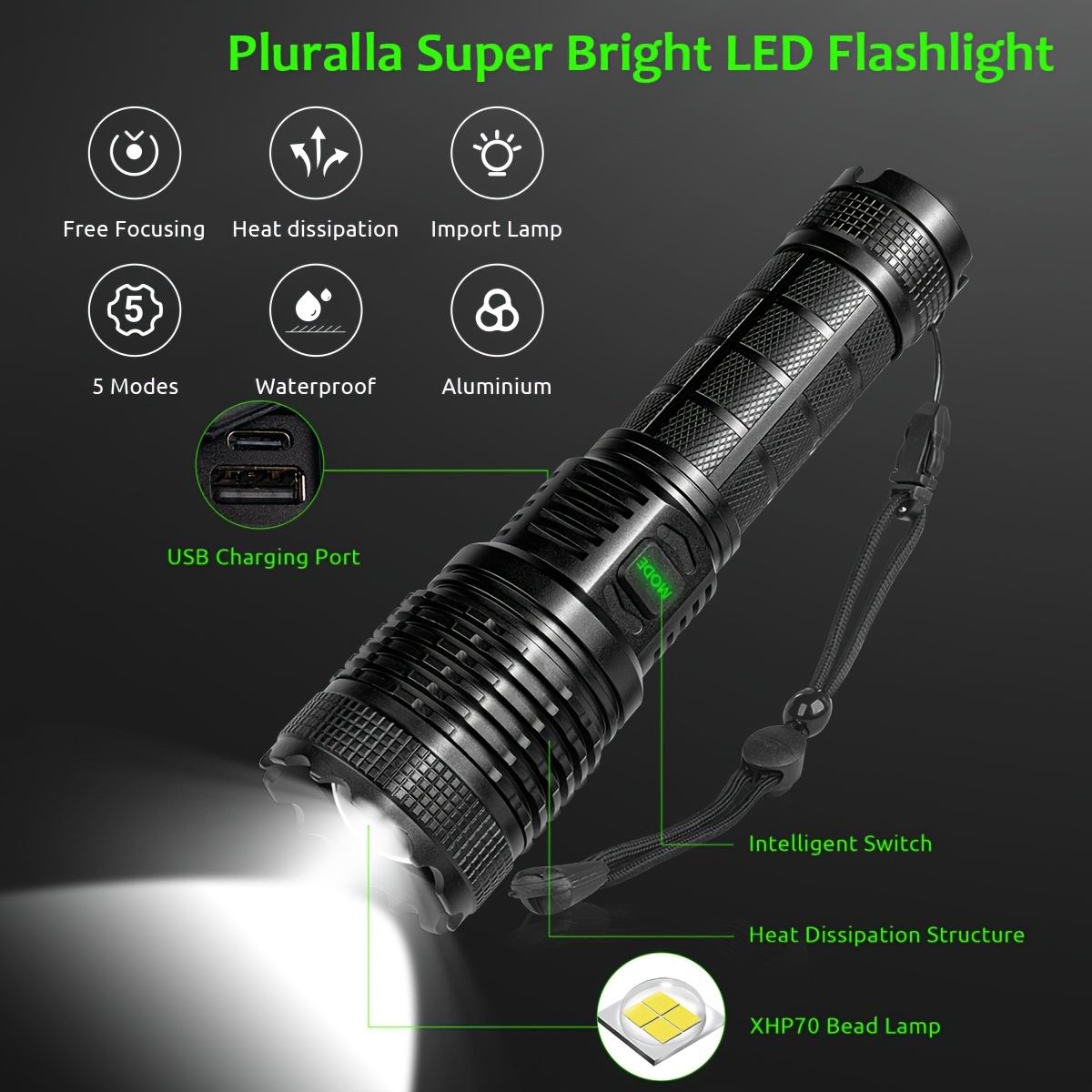 

Rechargeable Led Flashlights 7100 High , Powerful Flashlights With 3 Lighting , Handheld Flashlight For Hunting, Black