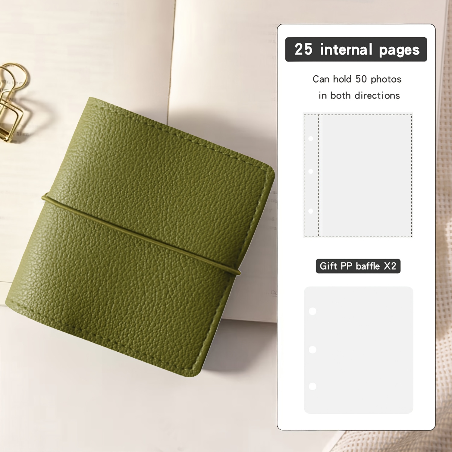 TEMU Mini Instant Camera Soft Faux Leather Pocket Photo Album, 25 Sheets 50 Pages Mini Album Loose-leaf Refillable 3-ring Transparent Photo Card