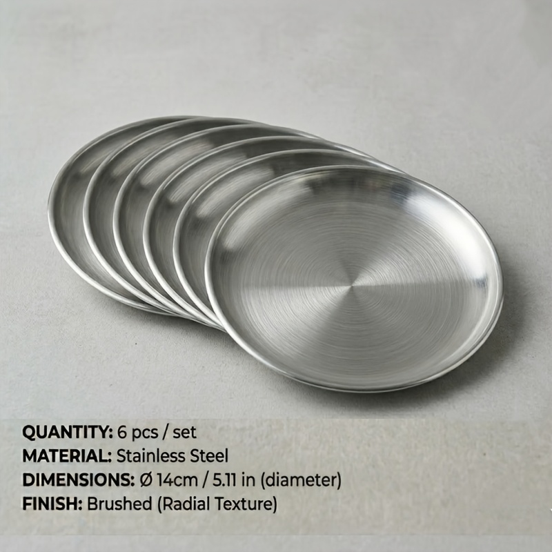 6pcs Set of Thickened Plates, Sushi, BBQ, Grilled Meat, Fruits, Desserts, Round Stainless Steel Dinner Plates, Appetizer Dishes, Drinking Service Tableware And Cutlery > Main Course Tableware > Thickened Plates, -Suitable for Outdoor Camping