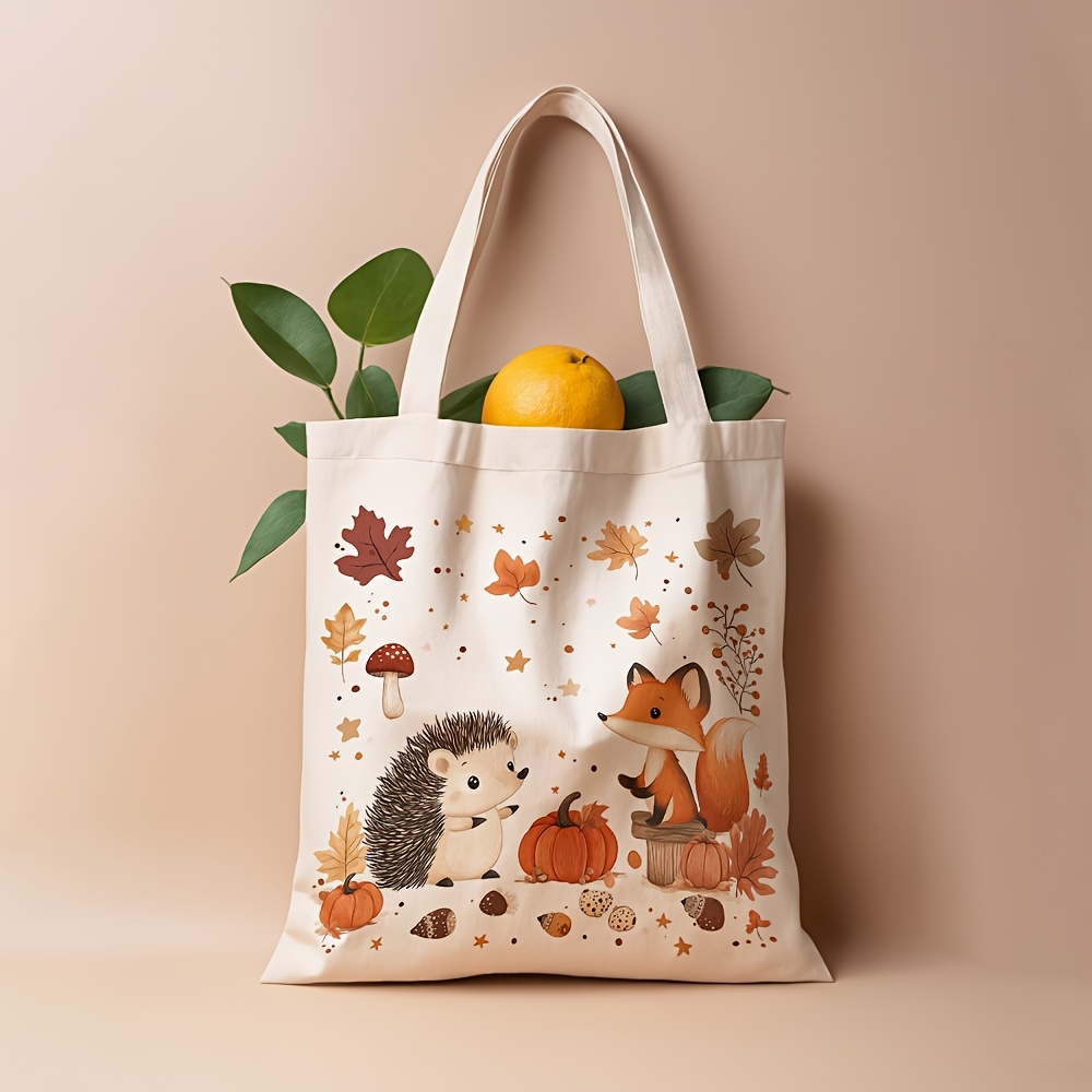 TEMU Borsa Tote Riutilizzabile, Stampata con Eleganti Illustrazioni di Volpe Autunnale e , Perfetta per Quotidiana, il Pendolarismo e la Scuola
