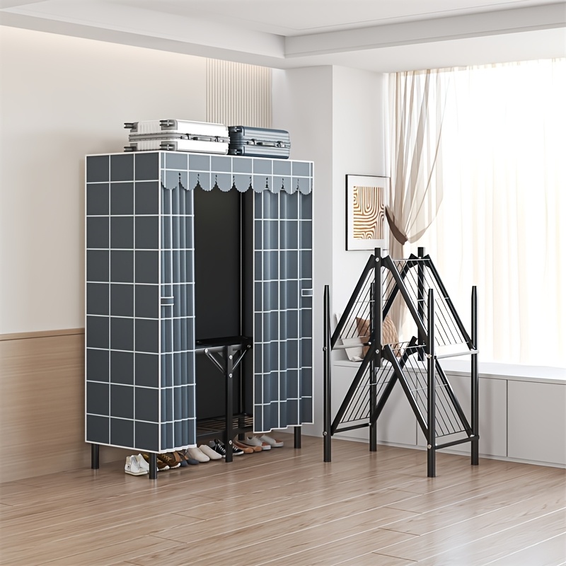  1pc heavy duty sliding curtain wardrobe with hanging rod raised feet shoe storage dust proof cover 198lb capacity space saving closet organizer for home 27 height luggage storage wardrobe clothes organizer storage portable closets Product details 8