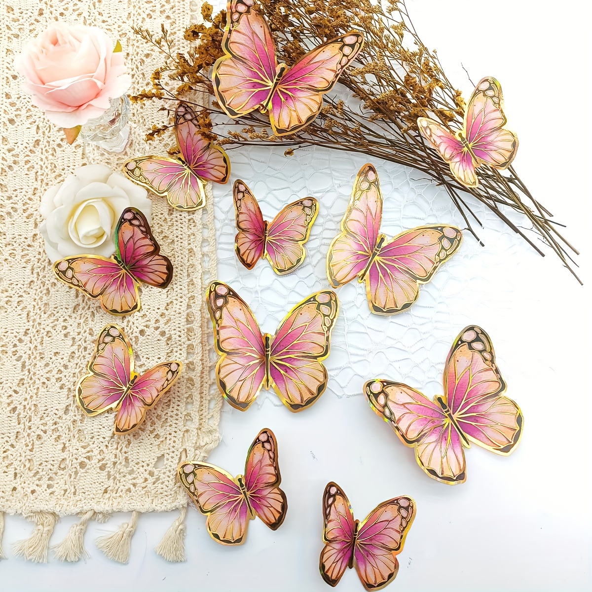 

12 Pcs Gold-edged Butterfly Wall Stickers - Contemporary Design, Reusable, Self-adhesive, Perfect For Home Decor, Weddings, Birthdays, And Festive Celebrations