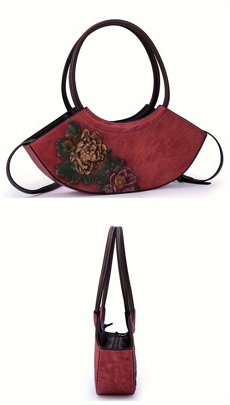 Vintage Floral Genuine Leather Handbag for Women - Lightweight Top-Handle Messenger Bag with Lace Embellishment, Adjustable Strap, Zipper Closure, from Guangzhou - Elegant Occasion with Positioning Printing And Paint