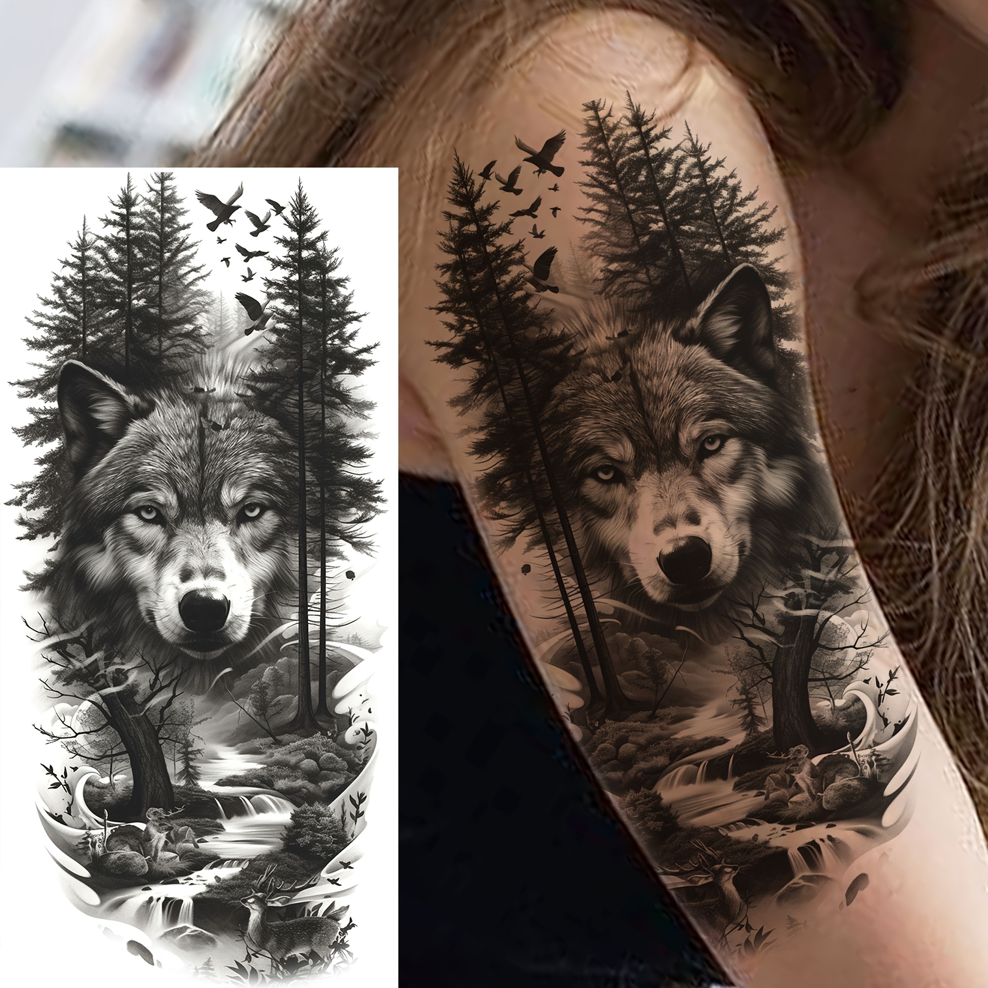 1 Sheet Wolf Temporary Tattoos For Women Men Half Sleeve Thigh Legs Forearm Shank Adults Arm, Realistic Long Lasting Waterproof Temp Stickers Fake Tattoo