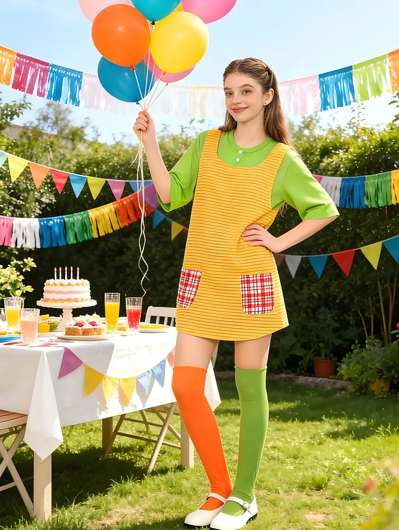 Vibrant Carnival Adult Costume Set: Yellow and Green Striped Dress with Orange and Green Split Stockings. * Character *. Carnival Theme Party Dress Set. Suitable for Music Festivals, Themed Birthday ... Vibrant Carnival Adult Costume Set: Yellow and Green Striped Dress with Orange and Green Split Stockings. * Character *. Carnival Theme Party Dress Set. Suitable for Music Festivals, Themed Birthday ...