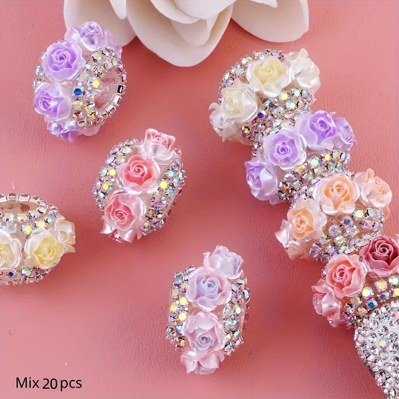 TEMU Stylish 3d Rose Beads With A Crystal Chain, Featuring Straight Holes, Perfect For Your Own Jewelry, Bead Pens, Keychains, And Crafts, With 20