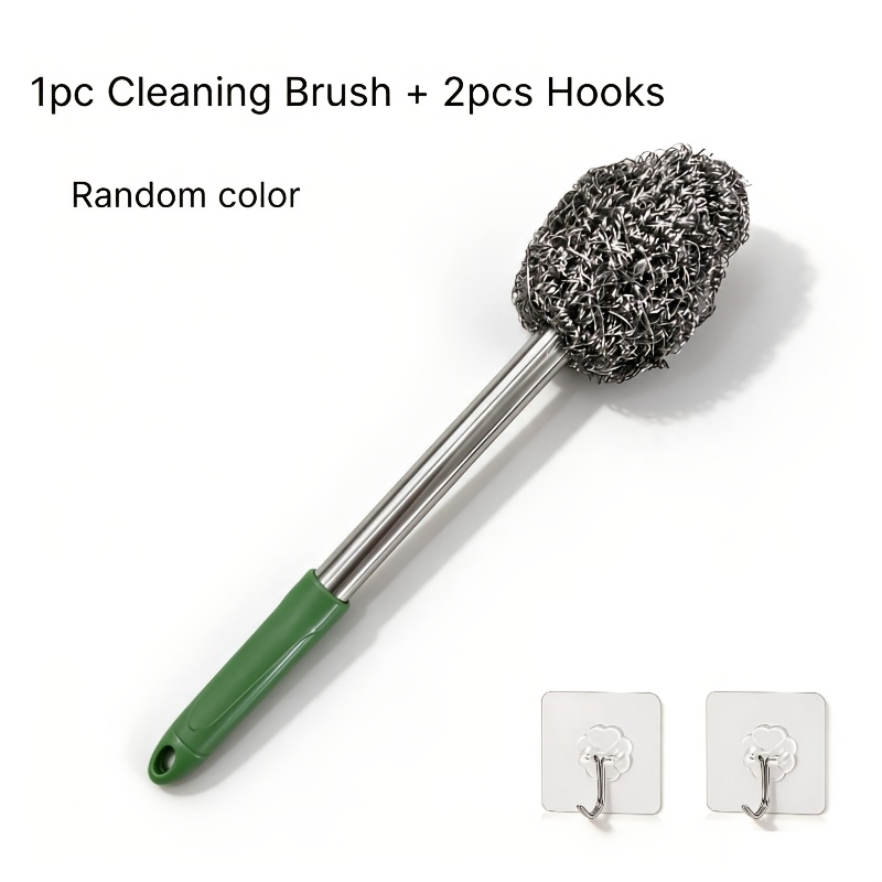 TEMU 3pcs Set (1pc Random Color Stainless Steel Cleaning Brush And 2pcs Hooks), With Long Handle, Durable And Sturdy, Suitable For Bathroom, Kitchen