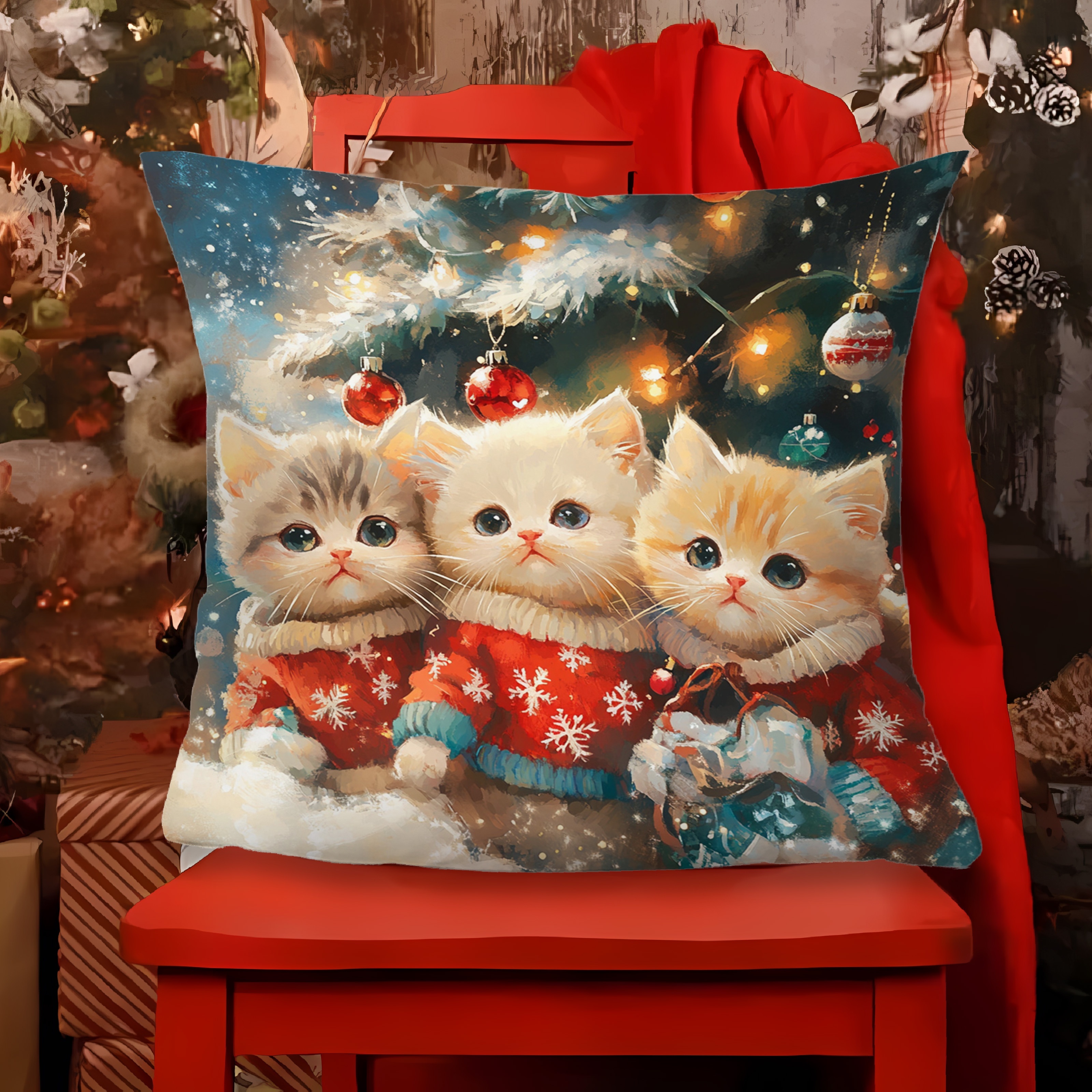 

Christmas Throw Pillow Cover 17.7" - Contemporary Style, Polyester, Machine Washable, Zipper Closure, Woven, Decorative Cushion For Room Types With Santa, Trees, Snowmen, And Animals Design