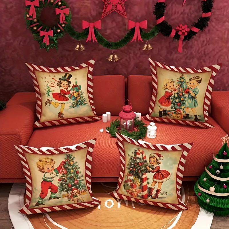 

4pcs Vintage Christmas Cushion Covers, 18x18 Inch, Holiday Pillow Cases With Zipper, Hand Wash Only, Contemporary Style, Polyester, Decorative Throw Pillow Covers For Home Sofa And Bed Decor