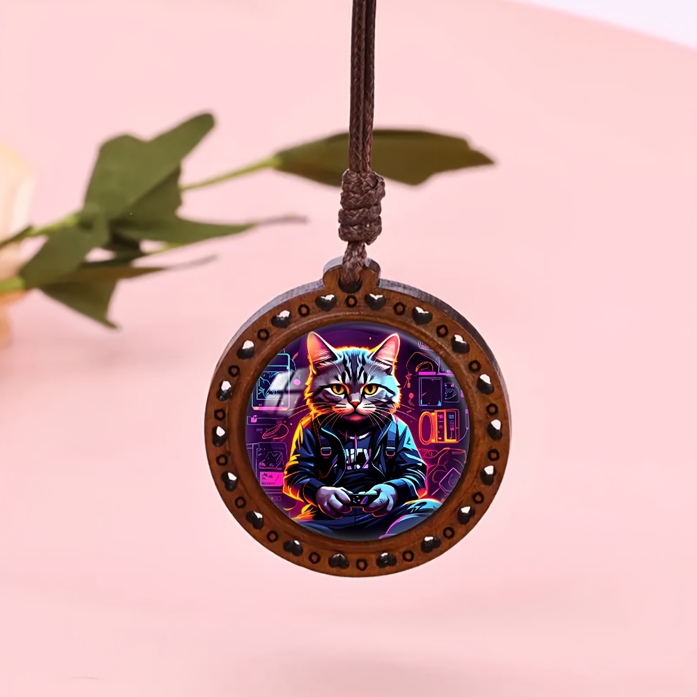Wooden Cyber Cat Player Heart Necklace, Cute Gift