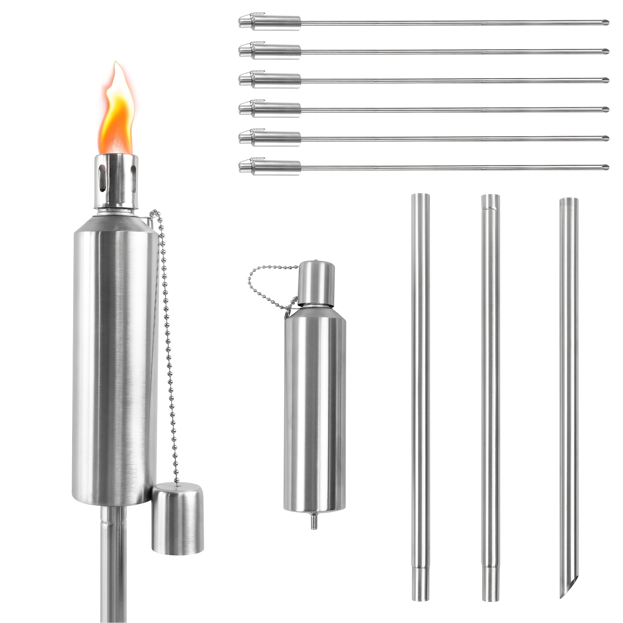 

6pcs Aufun Stainless Steel Garden Torches, 330ml - Elegant Outdoor Oil Lamps With Childproof Safety Covers & Wicks, Rustproof, 115cm Tall - Ideal For Patio, Balcony & Garden , Patio Lights