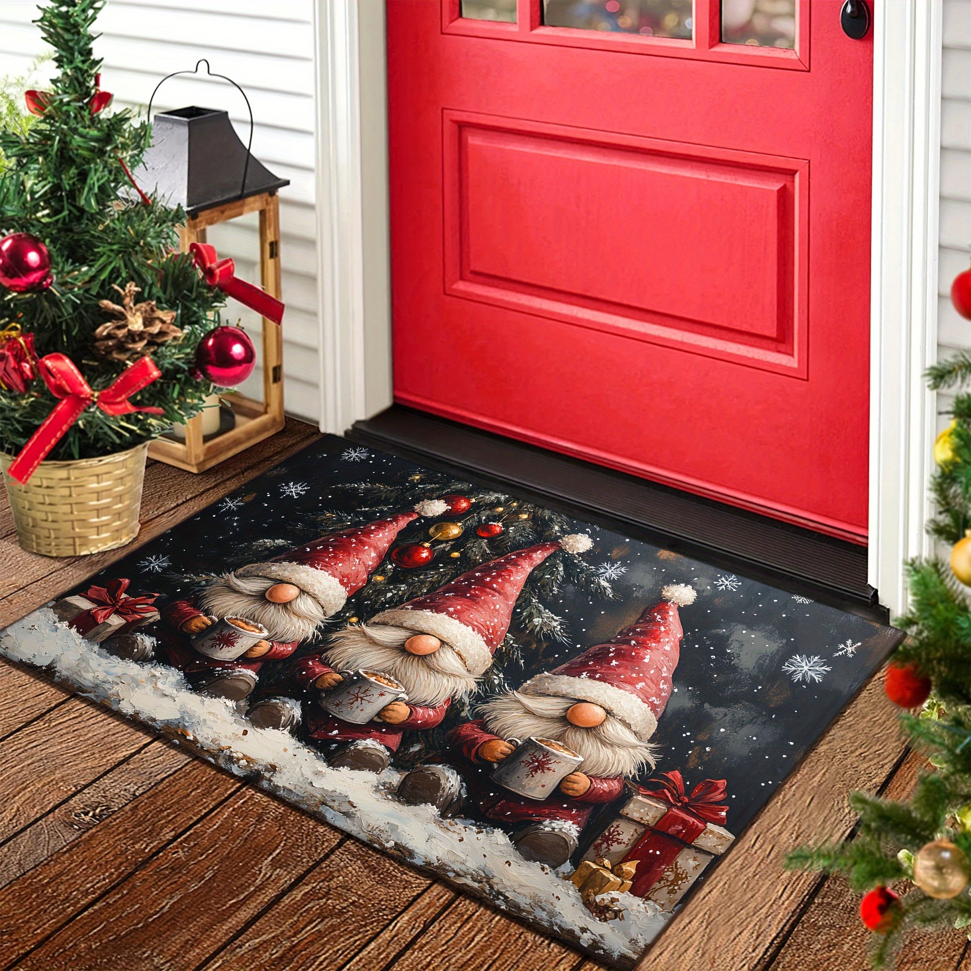 Image of Welcome Mat Featuring A Vintage Gnome Design For Christmas, Ideal As A Gift Or Decoration. This Non-slip, Machine Washable Floor Mat Is Comfortable And Perfect For , Living Rooms, And Bedrooms