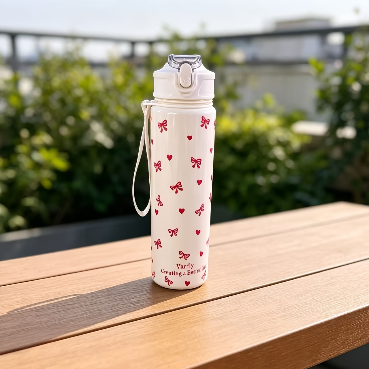 750ml Cute Strawberry Bowknot Print Plastic Tumbler With High-value Appearance, Straw, Portable, Leak-proof, For…: retailer-supplied image