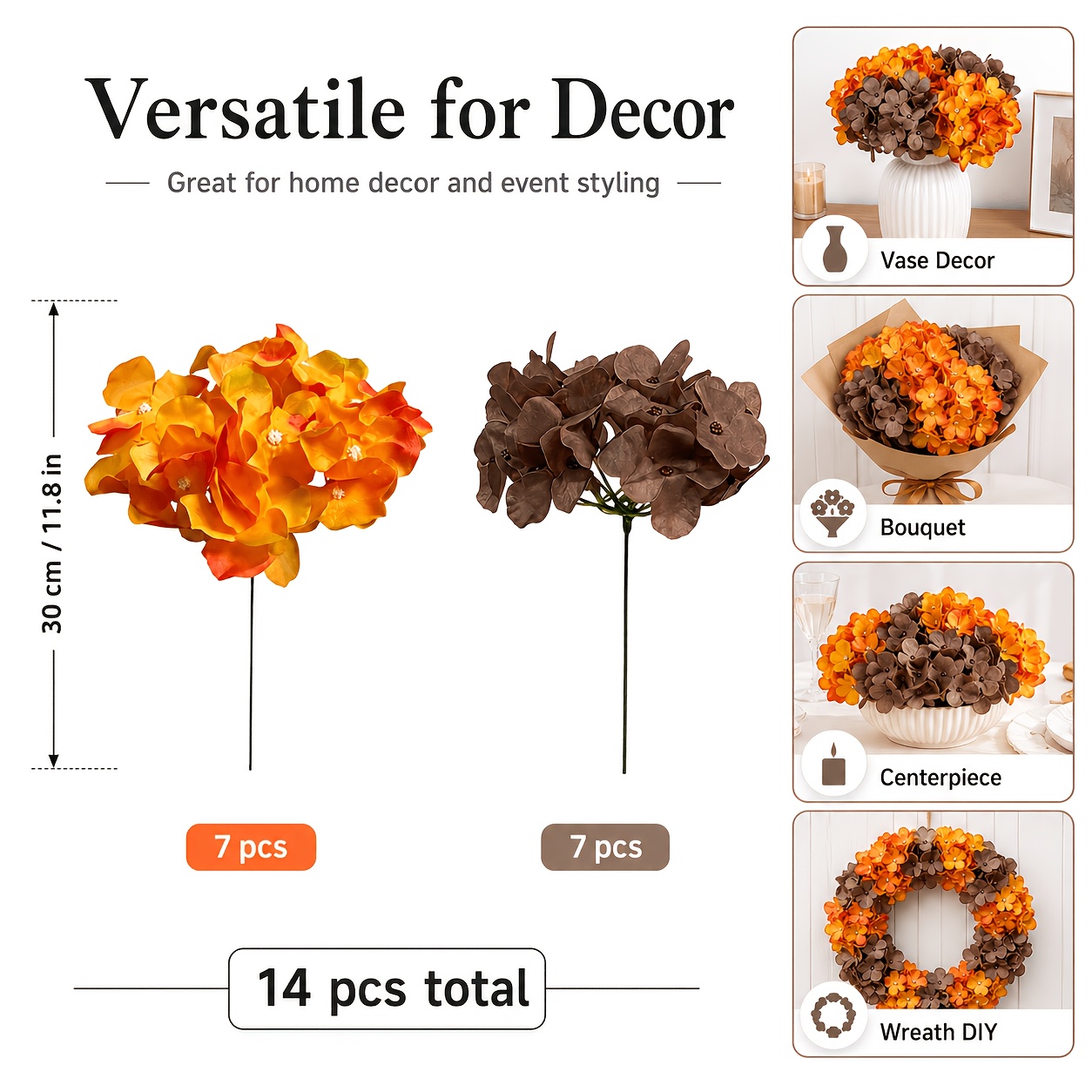 TEMU 14pcs High-end Autumn Orange   Brown Artificial Hydrangea Bouquet With Stems, Large Faux Flower Heads For Floral Decor, Full And