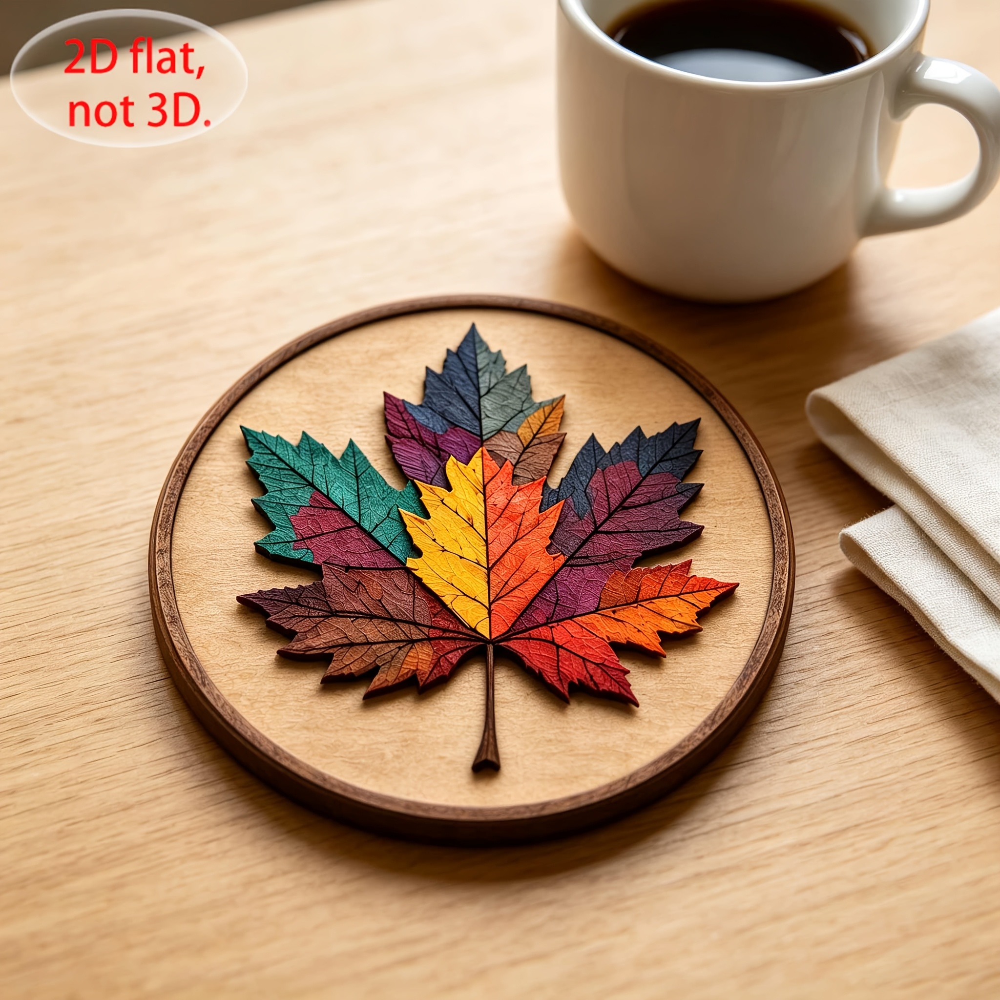 TEMU Sous-verres ronds en bois 2D plats, [6 pièces] à motif de feuilles d'érable patchwork colorées rétro, sous-verres artistiques d'automne avec