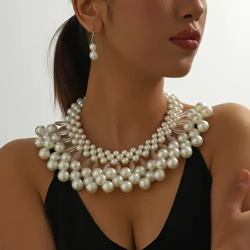 luxury bohemian pearl tassel necklace earrings set multi layered handmade bridal jewelry elegant beaded design weddings and gifts wedding accessories